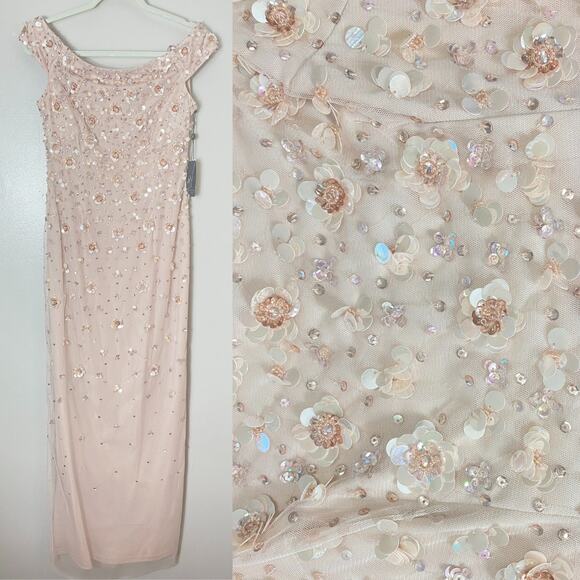 NWT BHLDN ADRIANNA PAPELL DRESS 8 GOWN ROSIE SEQUIN BEADED FLORAL 3D PINK SHELL - Picture 1 of 16